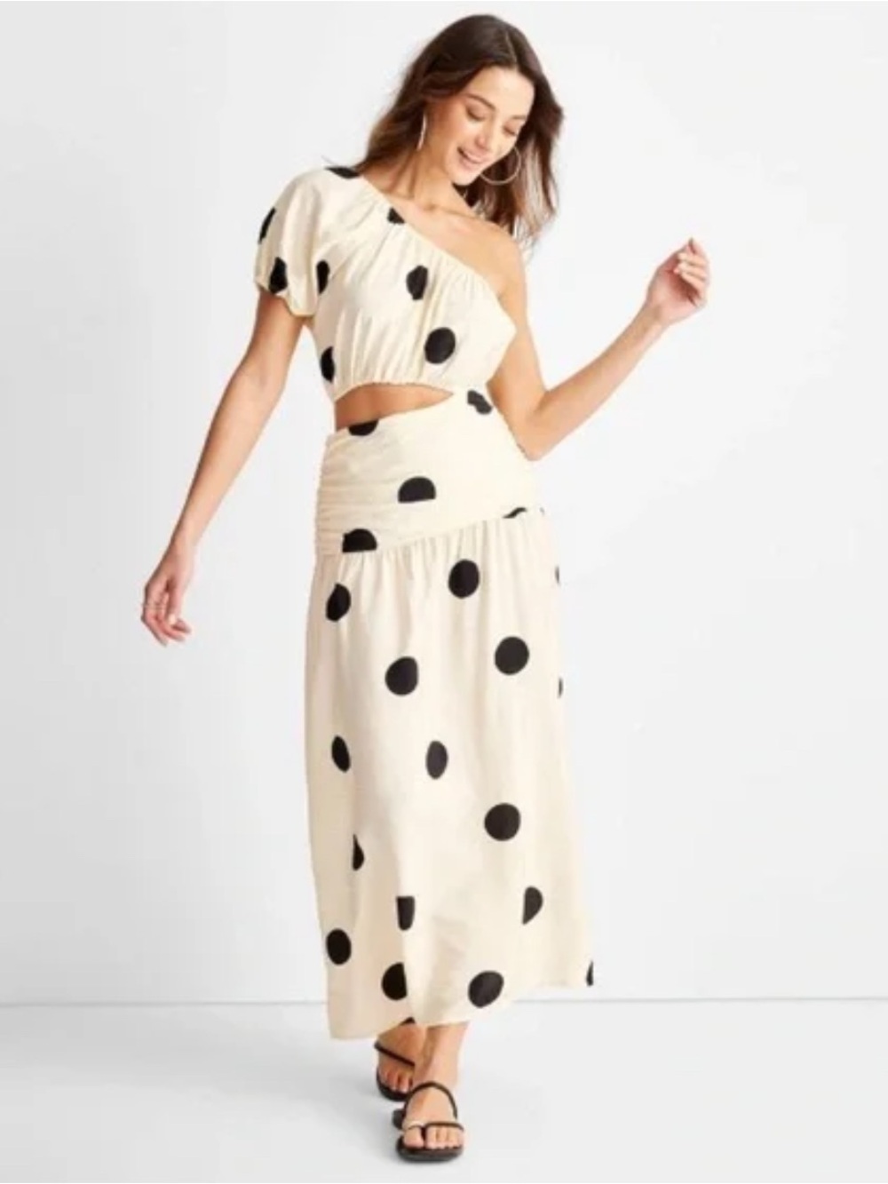 One-Shoulder Cream Maxi Dress with Black Polka Dots